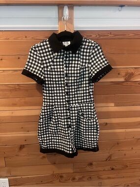 Unique Vintage Black and White Gingham Romper with Collar